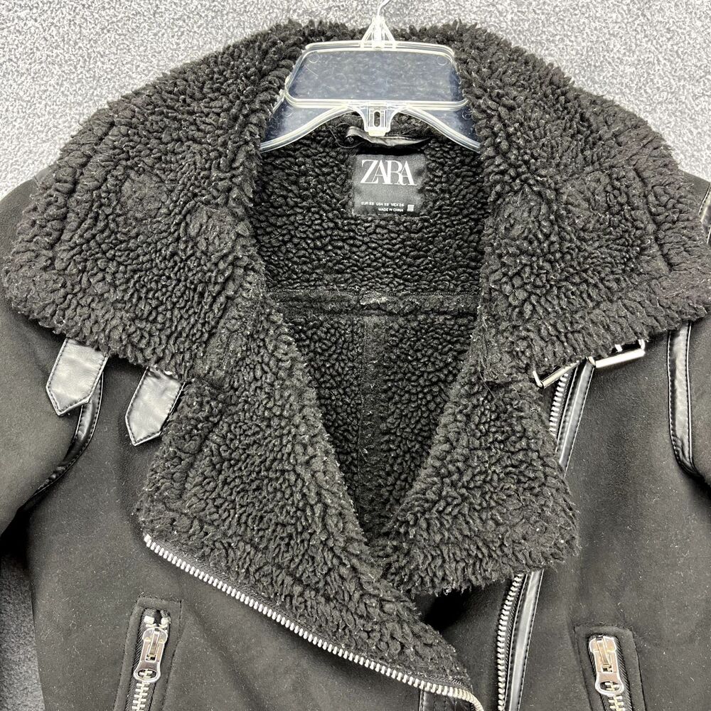 Zara Motorcycle Jacket Women XS Black Black Double Sided Strap Faux Suede Fleece - Picture 13 of 16